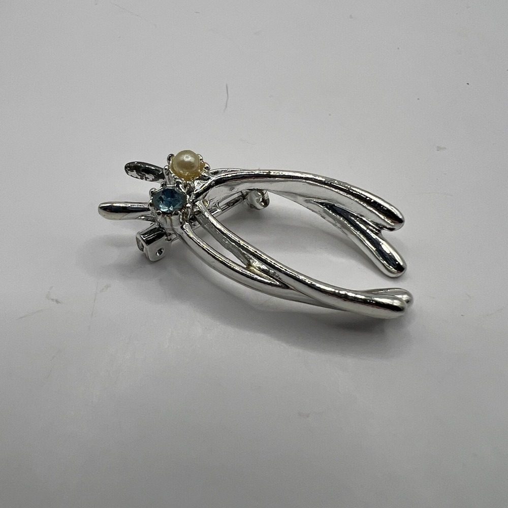 Vintage Double Wishbone Brooch Faux Pearl Blue Rhinestone Silver Tone‎ Pin - Picture 4 of 7